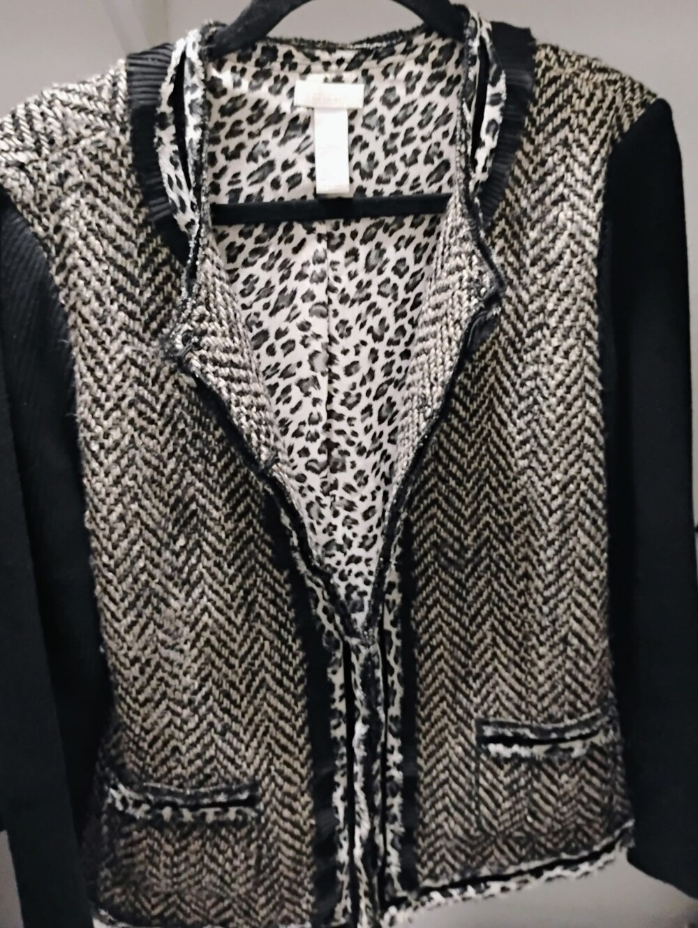 Chico's Black & Cream Herringbone Blazer with Leopard Trim